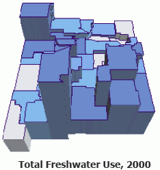 Map showing total freshwater use by county, year 2000.